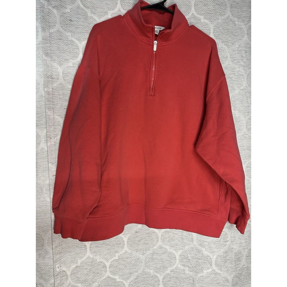Athleta Forever Fleece 1/4 Zip Sweatshirt Large Coral Red Pullover EUC #891664